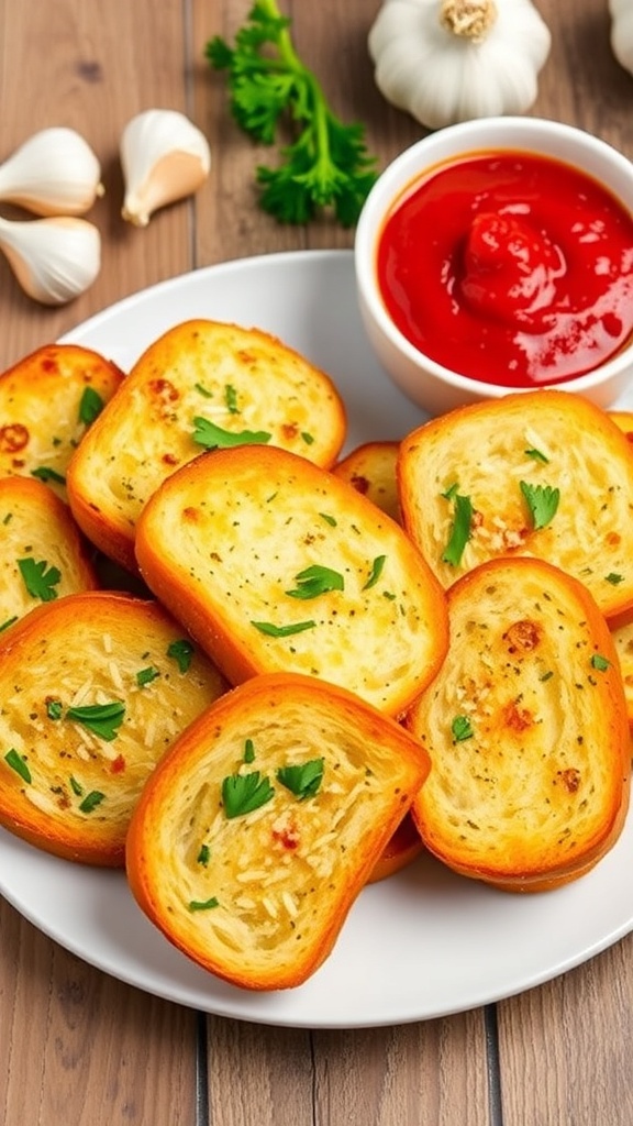 Garlic Bread Recipe Using Sandwich Bread Golden garlic bread made from sandwich bread, garnished with parsley and Parmesan, on a rustic table.